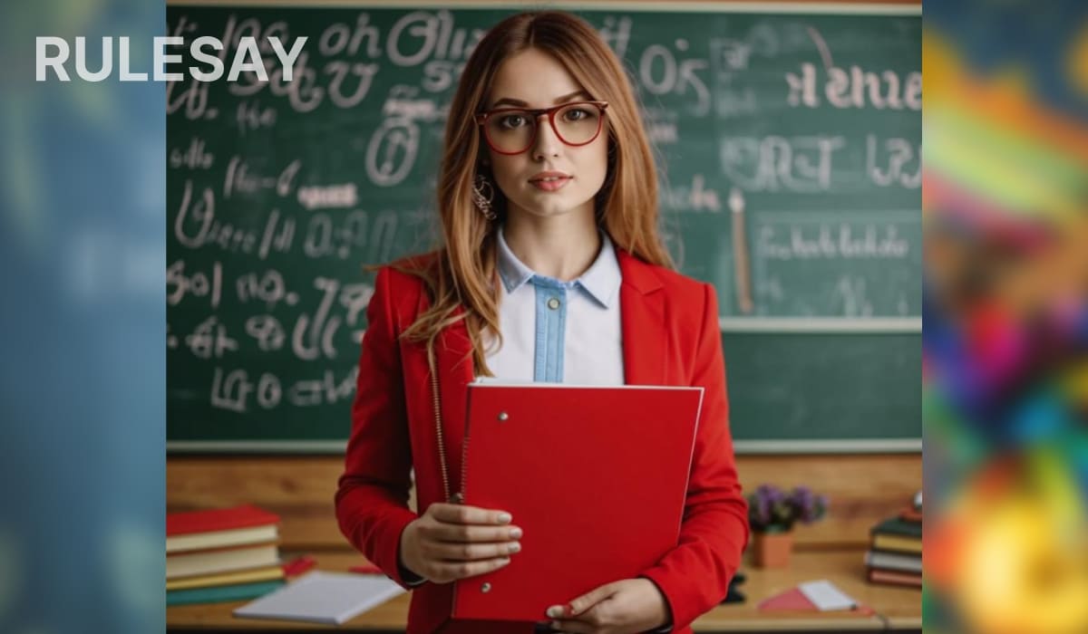 Девушка в красном платье стоит перед доской с уравнениями, держа в руках красную папку.